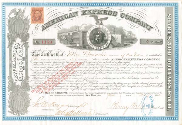 American Express Co. signed by James C. Fargo and Henry Wells - Stock Certificate